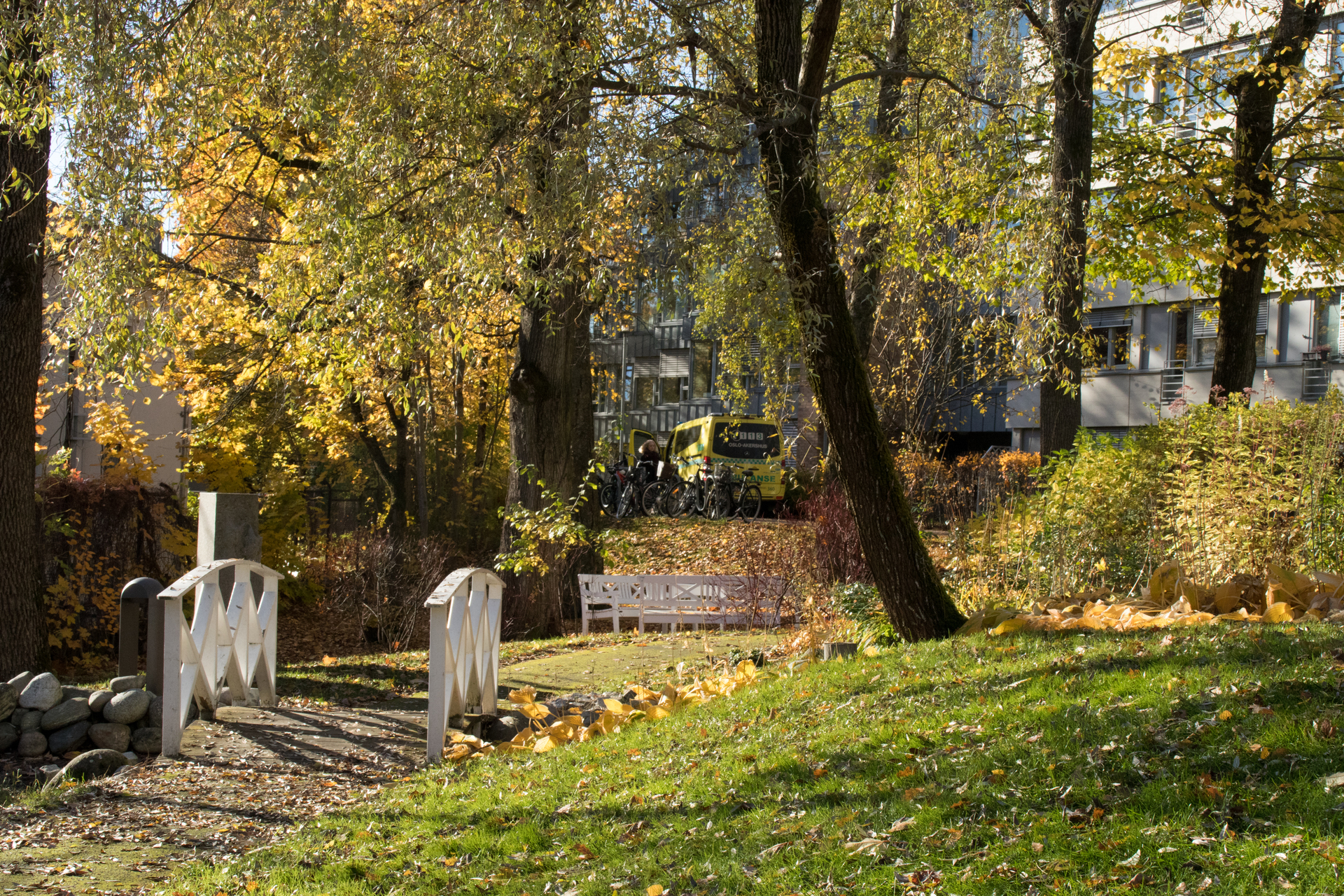 En kirkegård med en gul bil