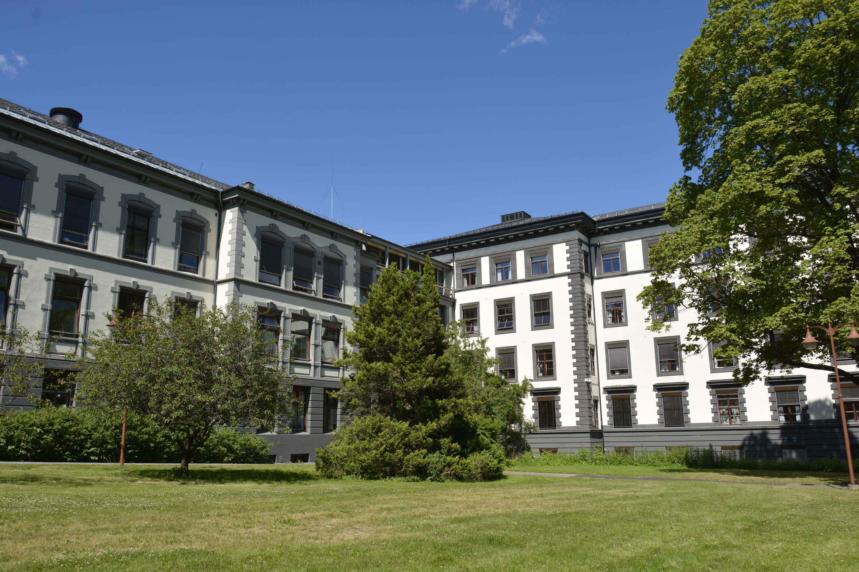 En bygning med trær foran