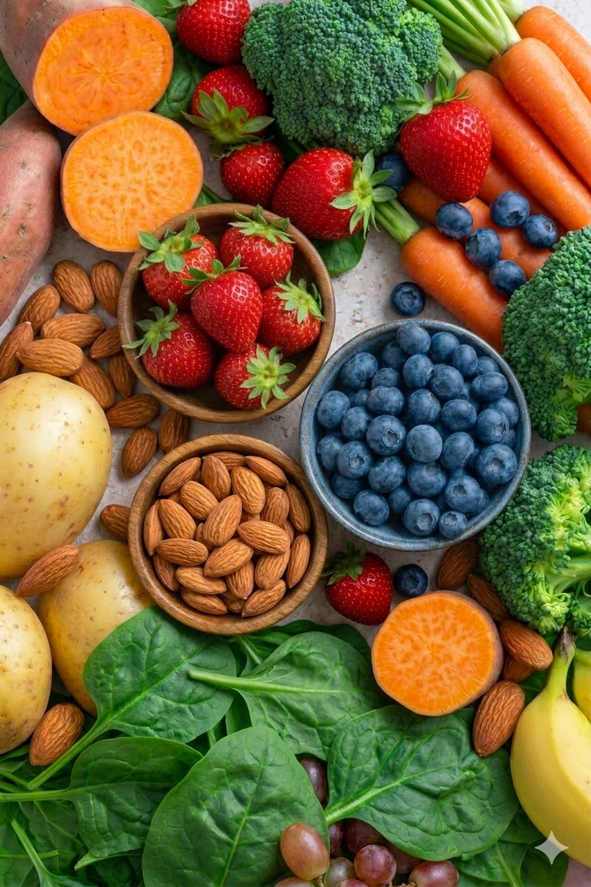 Et bord fullt av frukt og grønnsaker