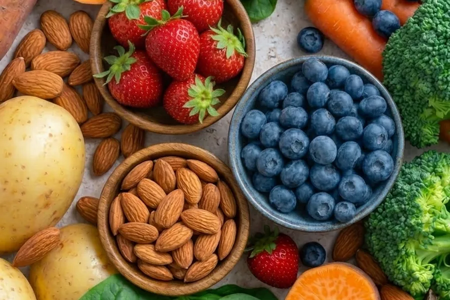 Et bord fullt av frukt og grønnsaker