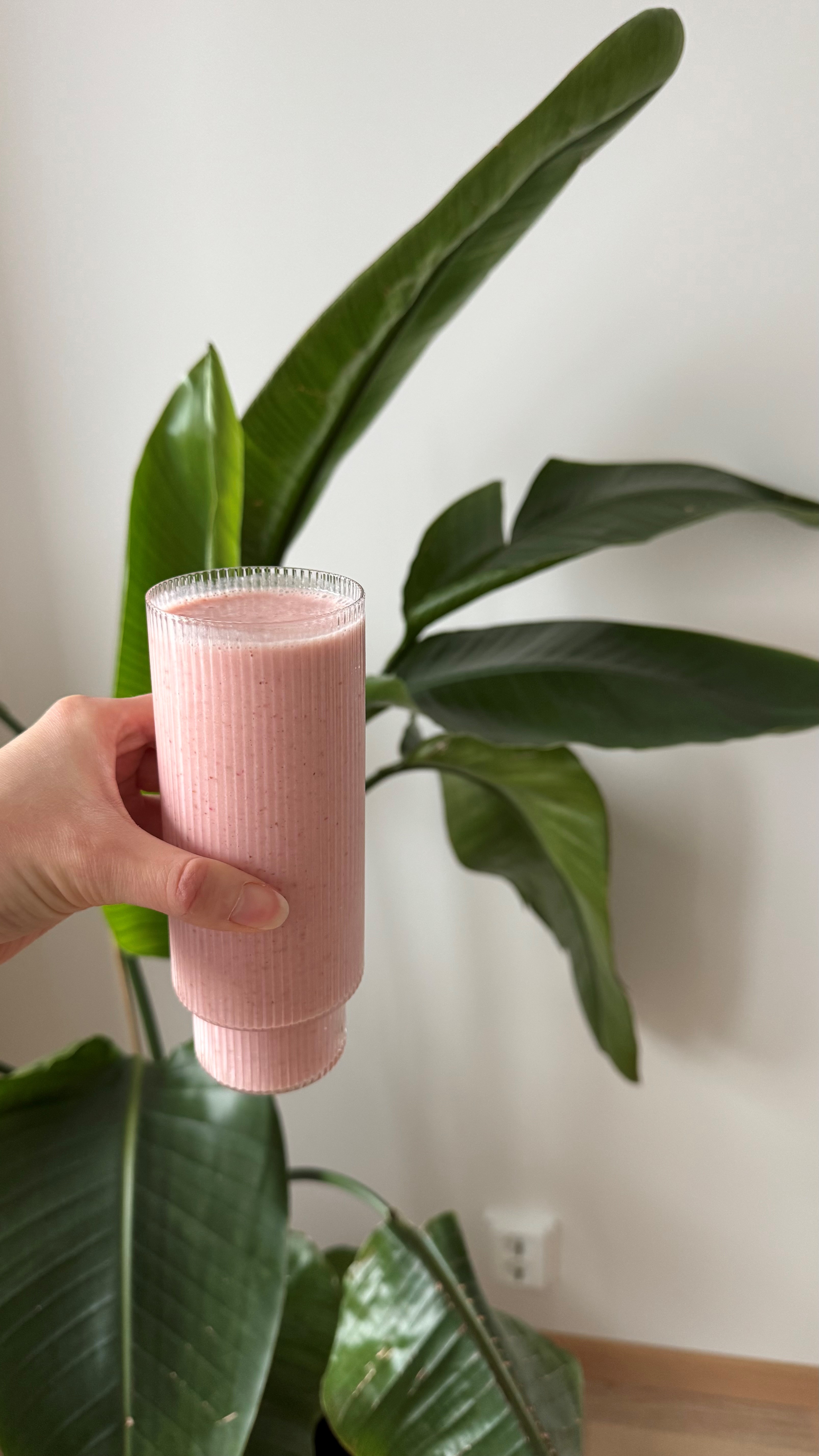 En hånd som holder et glass med rosa væske med en plante i bakgrunnen