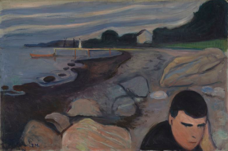 Et maleri av en båt på en steinete strand