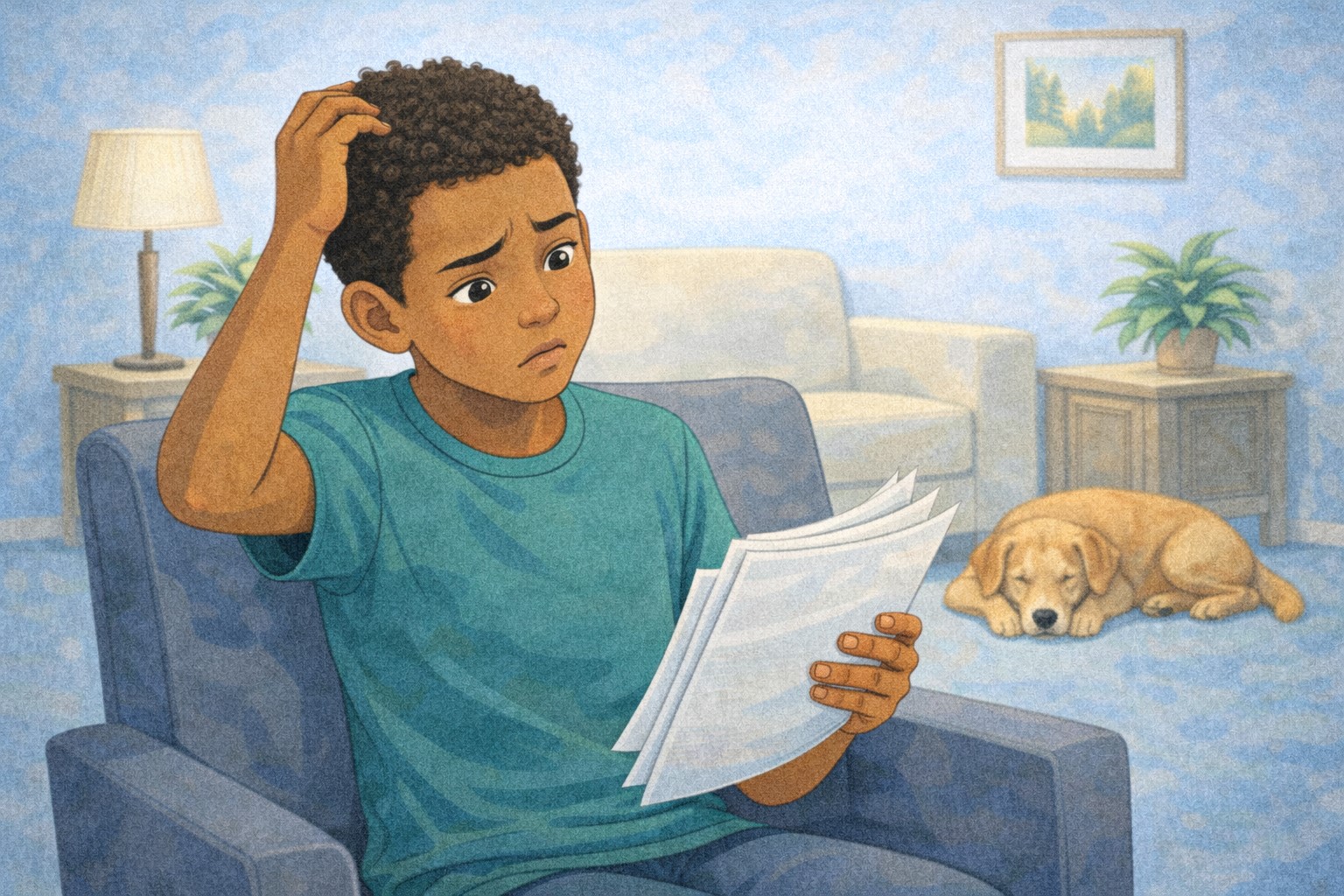 En person som sitter i en sofa og leser en bok med en hund