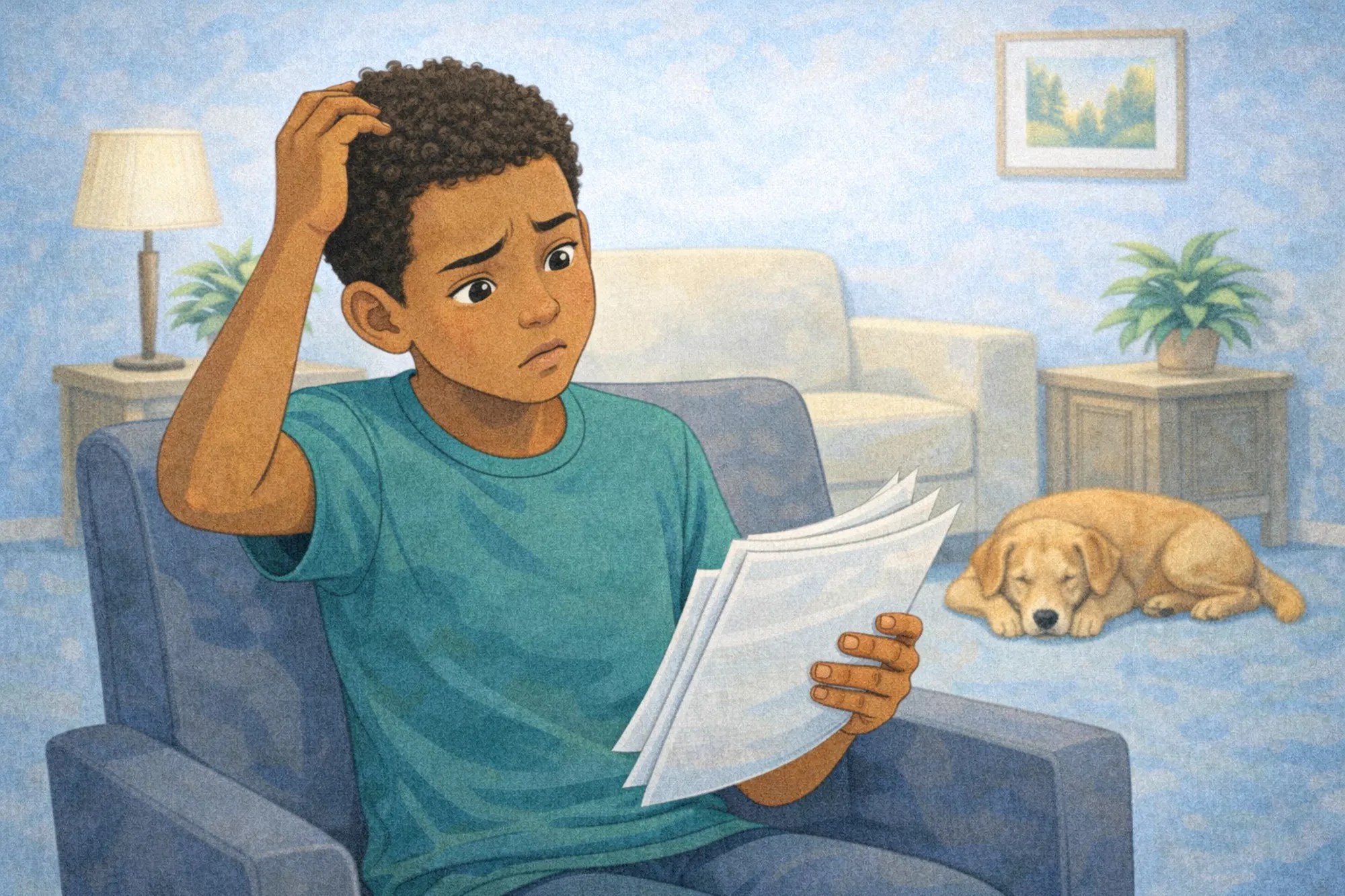En person som sitter i en sofa og leser en bok med en hund