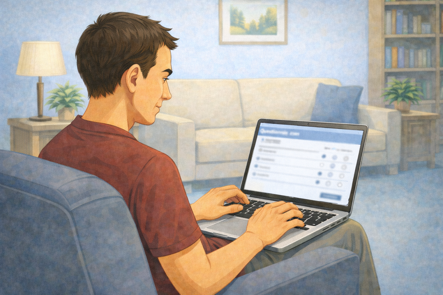 En mann som sitter i en sofa og bruker en laptop