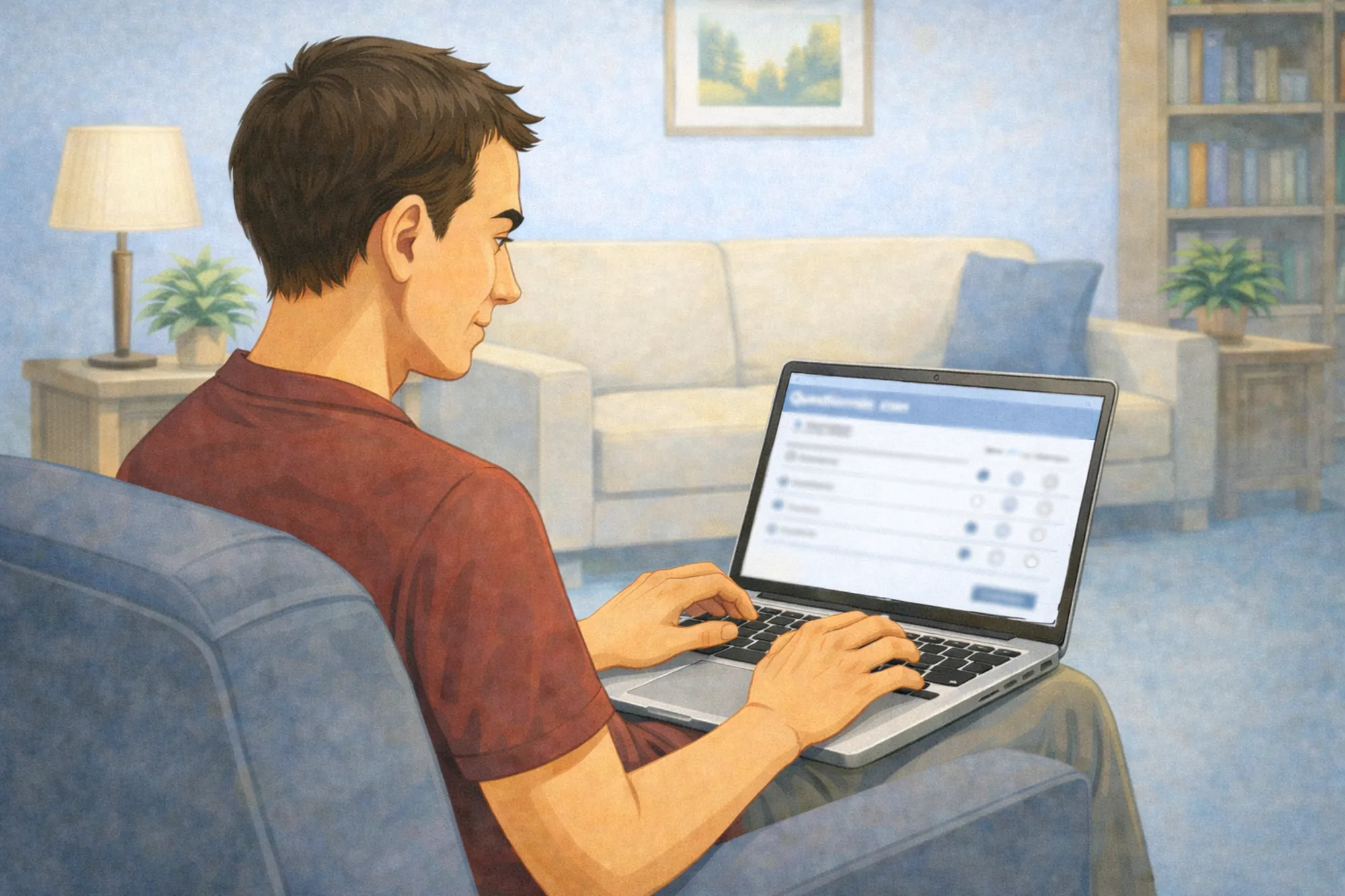 En mann som sitter i en sofa og bruker en laptop